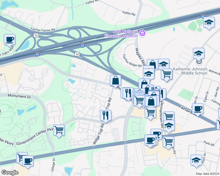 map of restaurants, bars, coffee shops, grocery stores, and more near 4138 Fountainside Lane in Fairfax