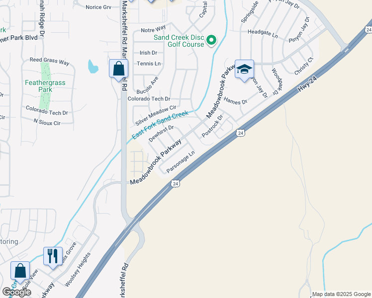 map of restaurants, bars, coffee shops, grocery stores, and more near 1788 Dewhirst Drive in Colorado Springs