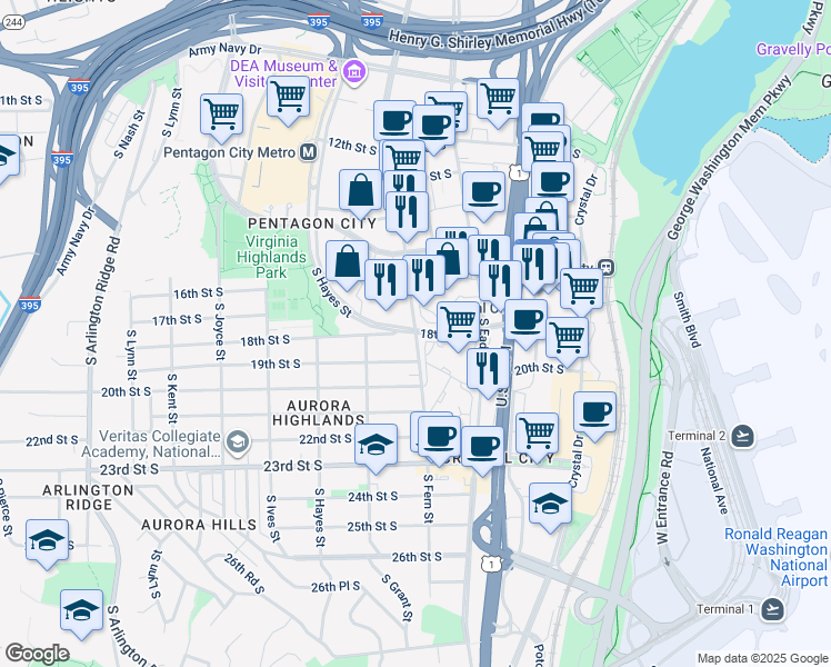 map of restaurants, bars, coffee shops, grocery stores, and more near S Fern St & 18th St S in Arlington