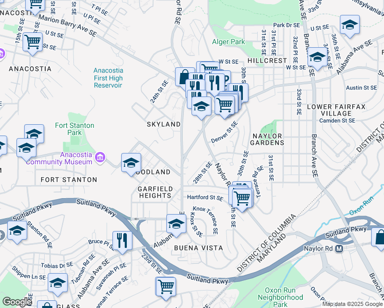 map of restaurants, bars, coffee shops, grocery stores, and more near 2515 Alabama Avenue Southeast in Washington