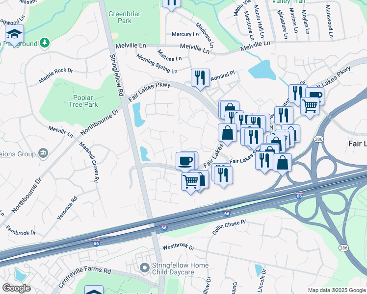 map of restaurants, bars, coffee shops, grocery stores, and more near 4421 Fair Stone Drive in Fairfax
