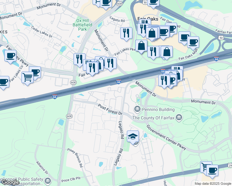map of restaurants, bars, coffee shops, grocery stores, and more near 4301 Cedar Forest Drive in Fairfax