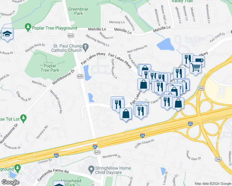 map of restaurants, bars, coffee shops, grocery stores, and more near 4421 Fair Stone Drive in Fairfax
