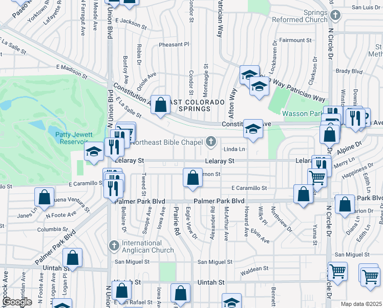 map of restaurants, bars, coffee shops, grocery stores, and more near 1710 Monteagle Street in Colorado Springs