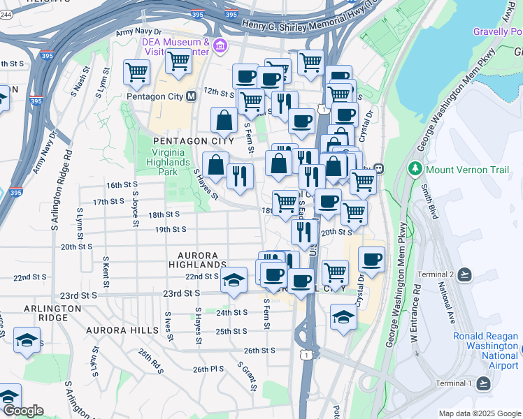 map of restaurants, bars, coffee shops, grocery stores, and more near 1805 South Fern Street in Arlington