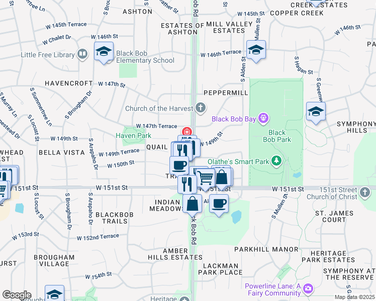 map of restaurants, bars, coffee shops, grocery stores, and more near 15017 West 149th Street in Olathe