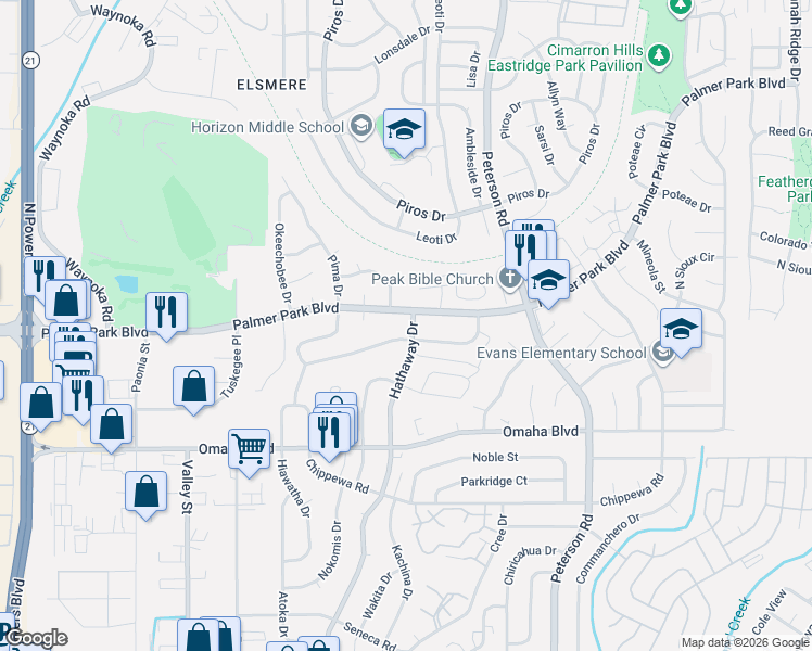 map of restaurants, bars, coffee shops, grocery stores, and more near 6615 Palmer Park Boulevard in Colorado Springs