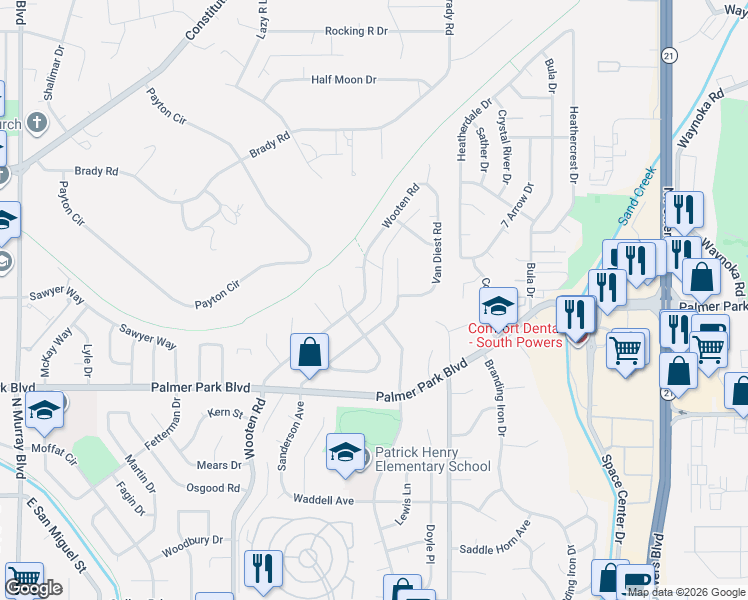 map of restaurants, bars, coffee shops, grocery stores, and more near 1723 Wooten Road in Colorado Springs