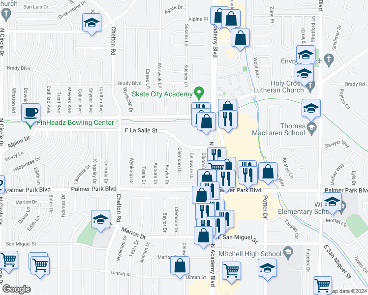 map of restaurants, bars, coffee shops, grocery stores, and more near 3710 East La Salle Street in Colorado Springs