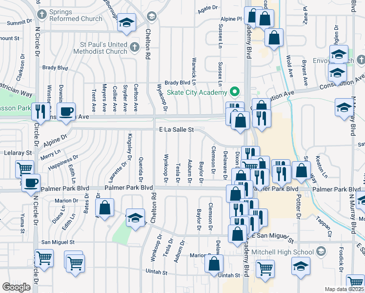 map of restaurants, bars, coffee shops, grocery stores, and more near 1715 Tesla Drive in Colorado Springs