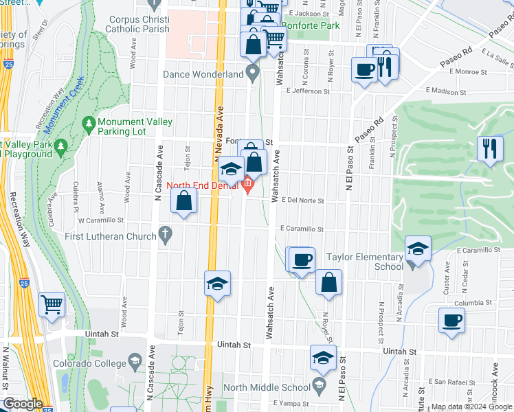 map of restaurants, bars, coffee shops, grocery stores, and more near 1633 North Weber Street in Colorado Springs