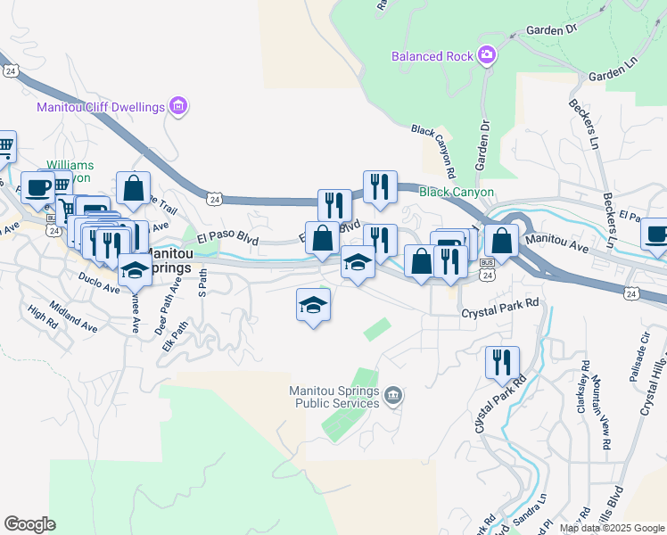 map of restaurants, bars, coffee shops, grocery stores, and more near 423 Manitou Avenue in Manitou Springs