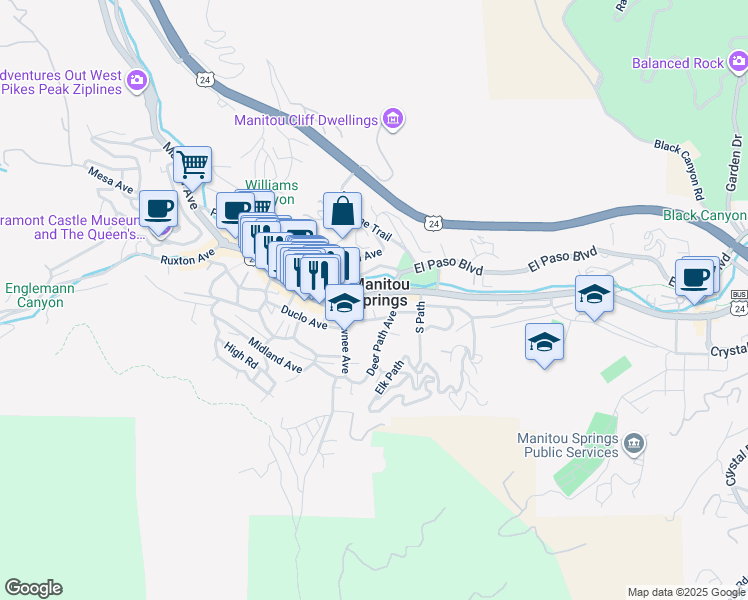 map of restaurants, bars, coffee shops, grocery stores, and more near in Manitou Springs