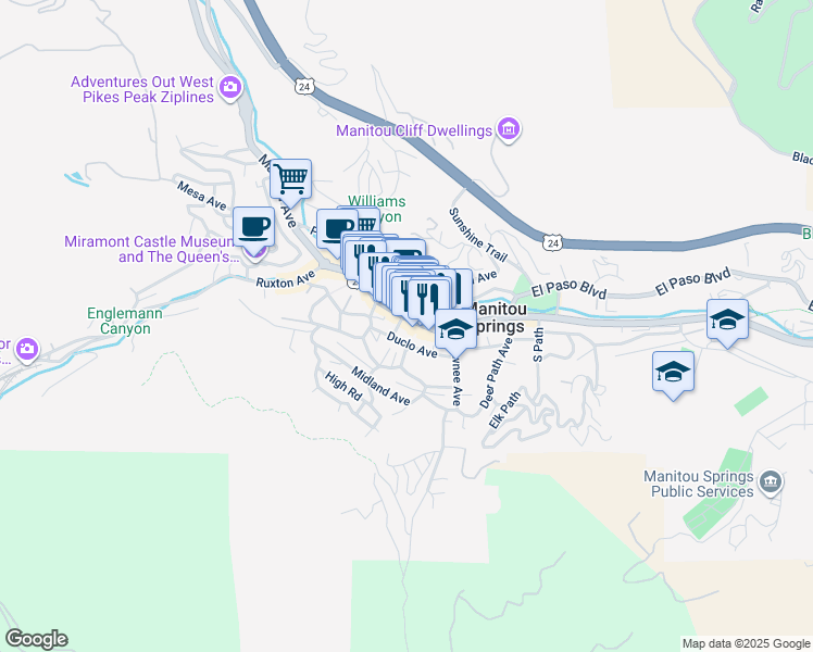map of restaurants, bars, coffee shops, grocery stores, and more near 742a Manitou Avenue in Manitou Springs