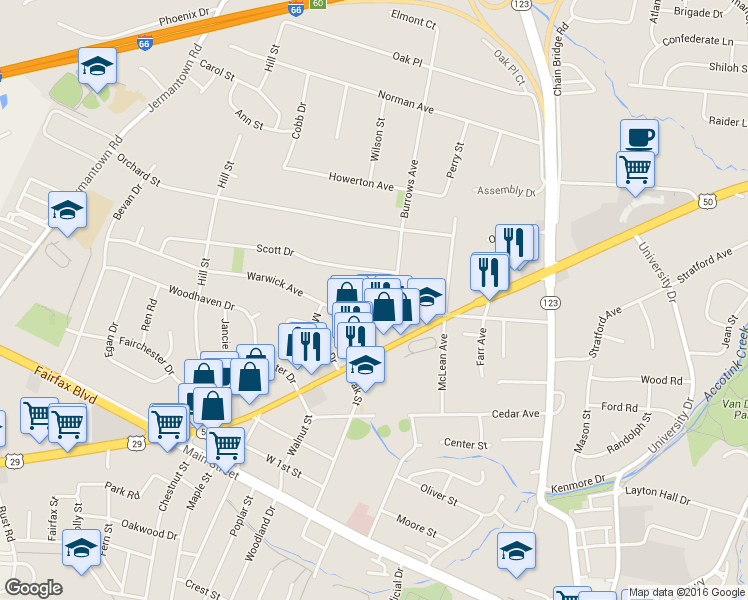 map of restaurants, bars, coffee shops, grocery stores, and more near 3714 Burrows Avenue in Fairfax
