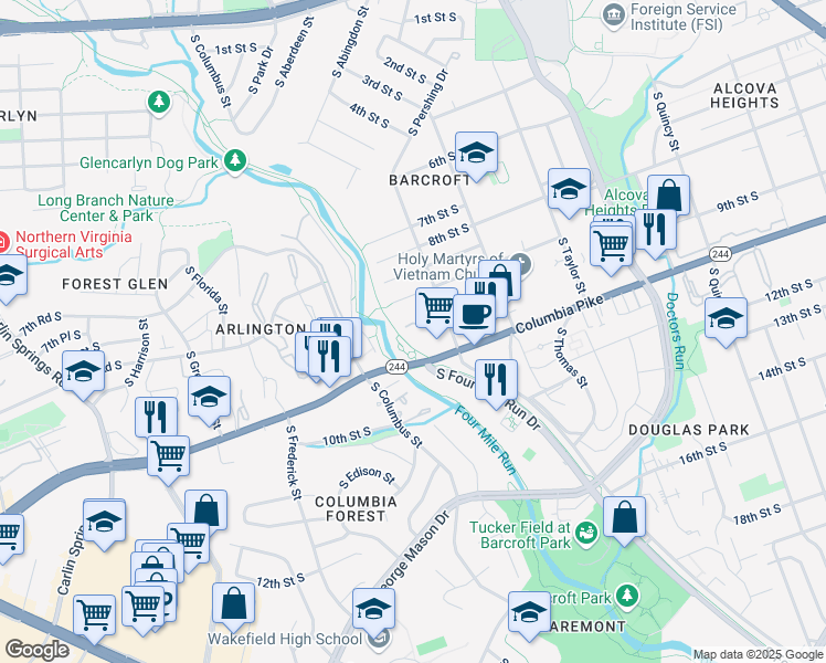 map of restaurants, bars, coffee shops, grocery stores, and more near 926 South Buchanan Street in Arlington