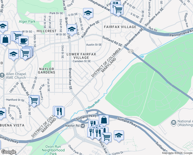 map of restaurants, bars, coffee shops, grocery stores, and more near 2400 Fairhill Drive in Suitland-Silver Hill