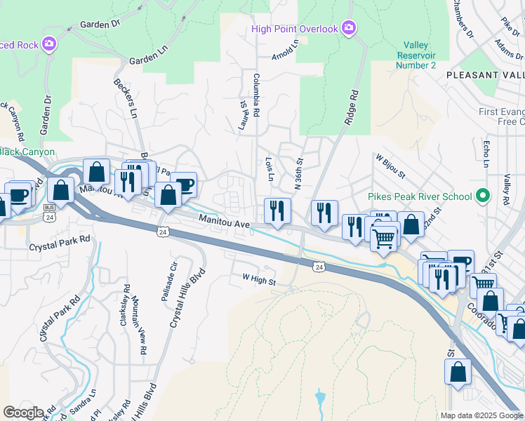 map of restaurants, bars, coffee shops, grocery stores, and more near 3629 West Pikes Peak Avenue in Colorado Springs