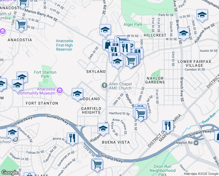 map of restaurants, bars, coffee shops, grocery stores, and more near 2500 Alabama Avenue Southeast in Washington