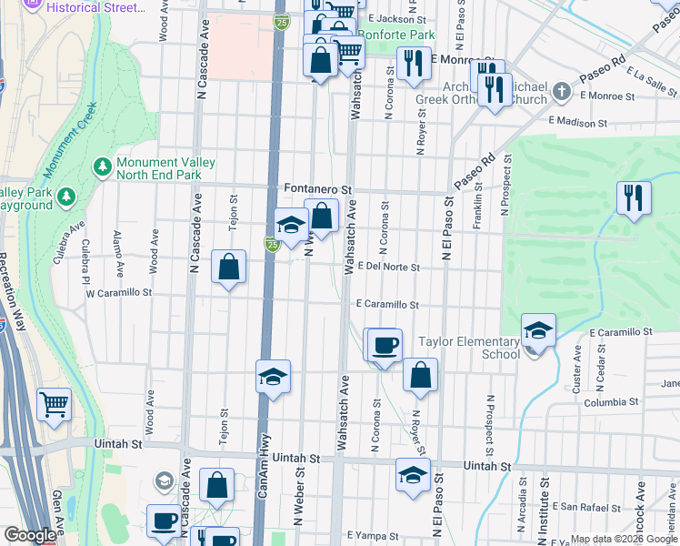 map of restaurants, bars, coffee shops, grocery stores, and more near 331 East Del Norte Street in Colorado Springs