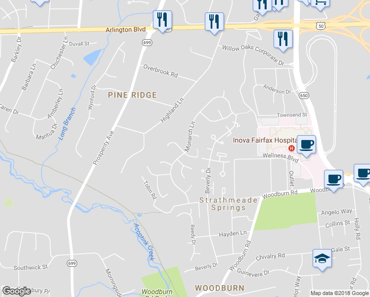 map of restaurants, bars, coffee shops, grocery stores, and more near 3382 Monarch Lane in Annandale