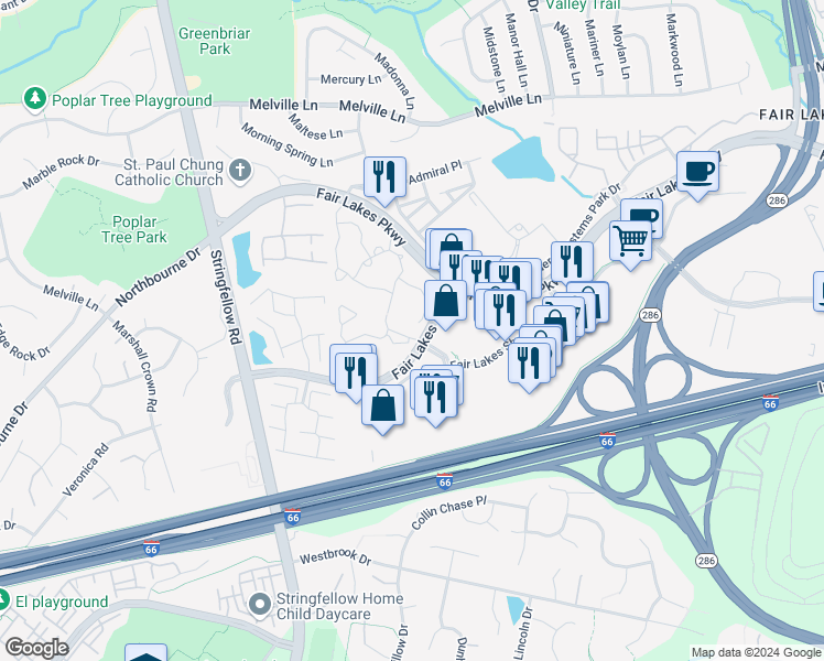 map of restaurants, bars, coffee shops, grocery stores, and more near 4409 Sedgehurst Drive in Fairfax