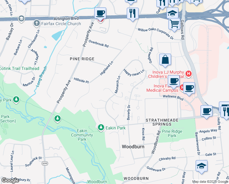 map of restaurants, bars, coffee shops, grocery stores, and more near 3382 Monarch Lane in Annandale