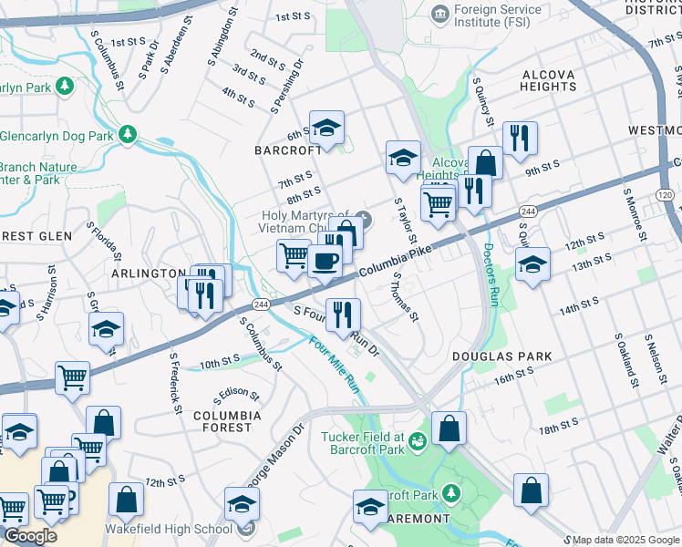 map of restaurants, bars, coffee shops, grocery stores, and more near 4615 Columbia Pike in Arlington