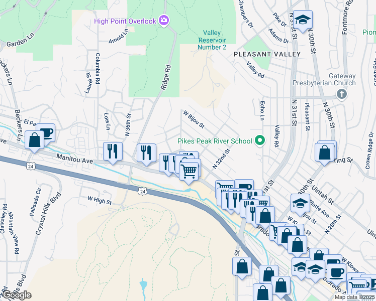 map of restaurants, bars, coffee shops, grocery stores, and more near 3320 West Pikes Peak Avenue in Colorado Springs