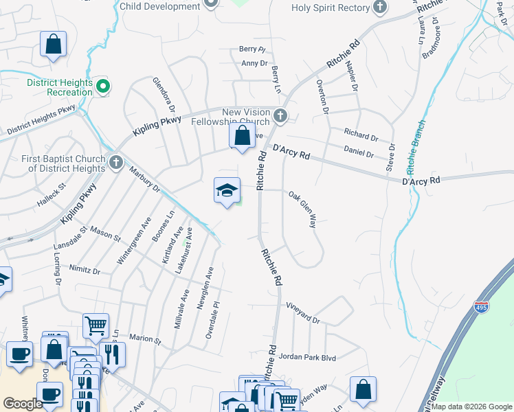map of restaurants, bars, coffee shops, grocery stores, and more near 2315 Ritchie Road in District Heights