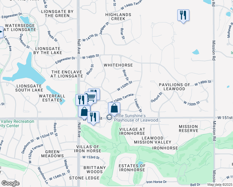 map of restaurants, bars, coffee shops, grocery stores, and more near 5103 West 150th Street in Overland Park