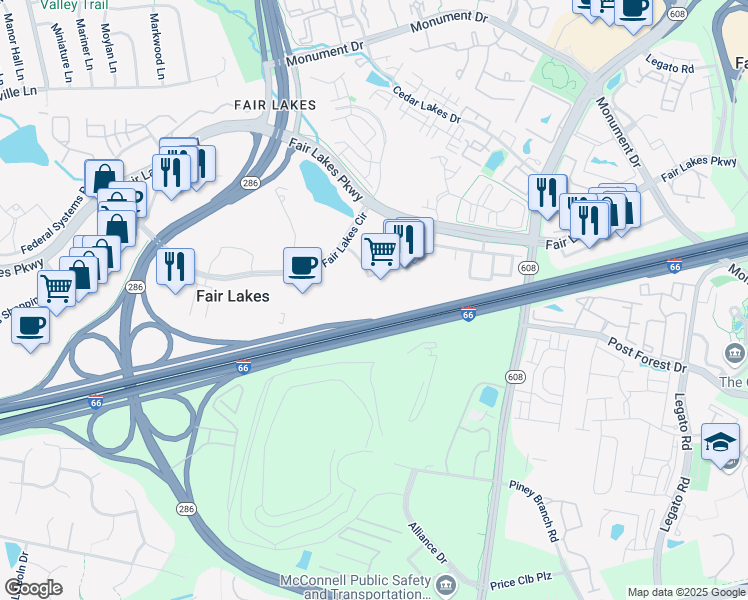 map of restaurants, bars, coffee shops, grocery stores, and more near Market Commons Drive in Fairfax