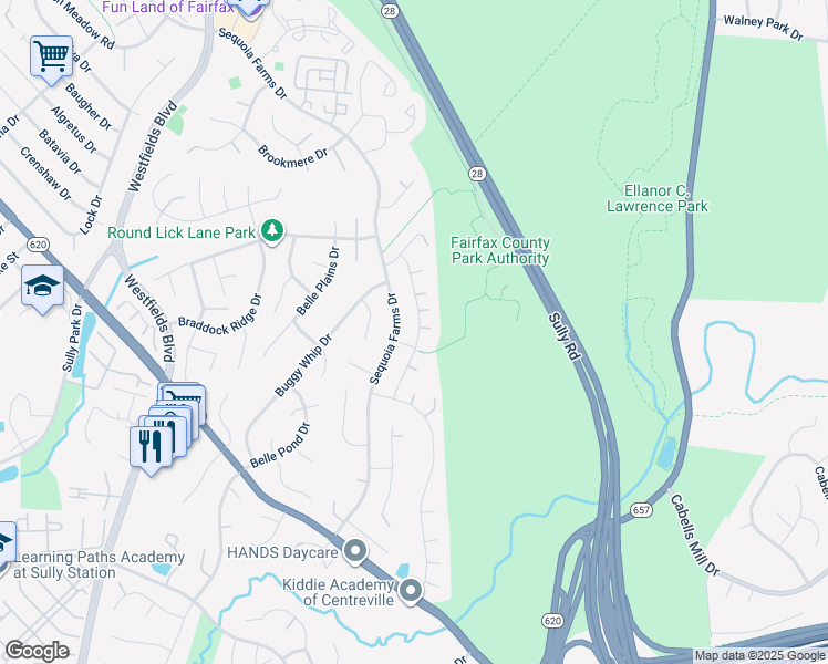 map of restaurants, bars, coffee shops, grocery stores, and more near 5422 Gladewright Drive in Centreville