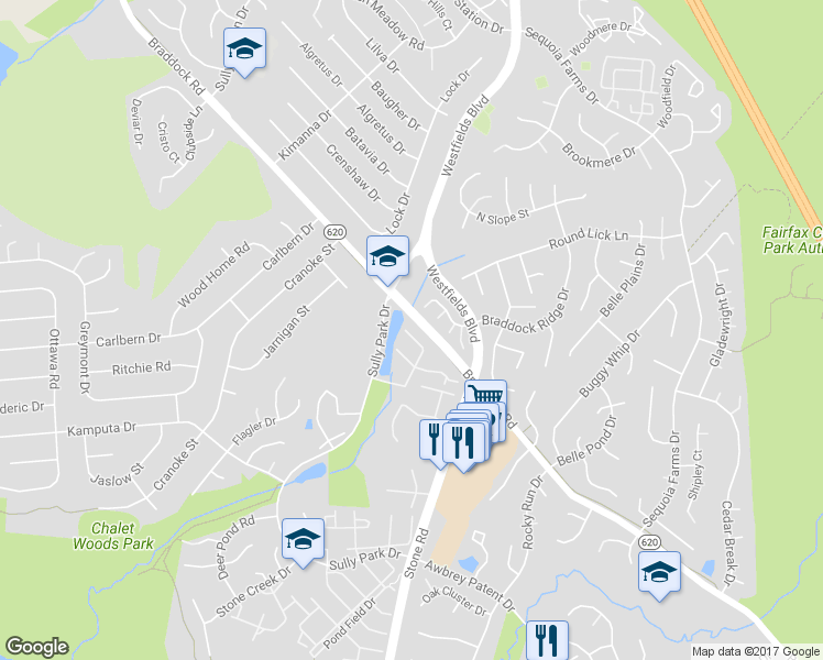map of restaurants, bars, coffee shops, grocery stores, and more near 5505 Sully Lake Drive in Centreville