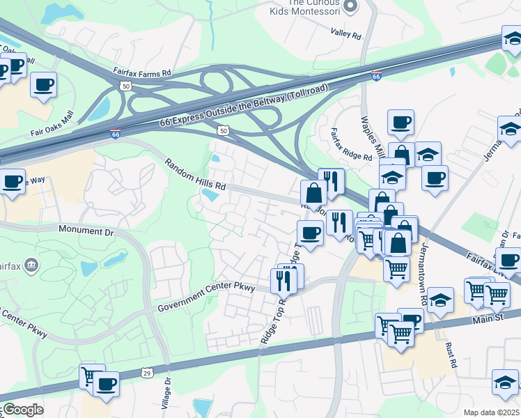 map of restaurants, bars, coffee shops, grocery stores, and more near 4094 Fountainside Lane in Fairfax