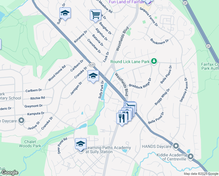 map of restaurants, bars, coffee shops, grocery stores, and more near 5505 Sully Lake Drive in Centreville