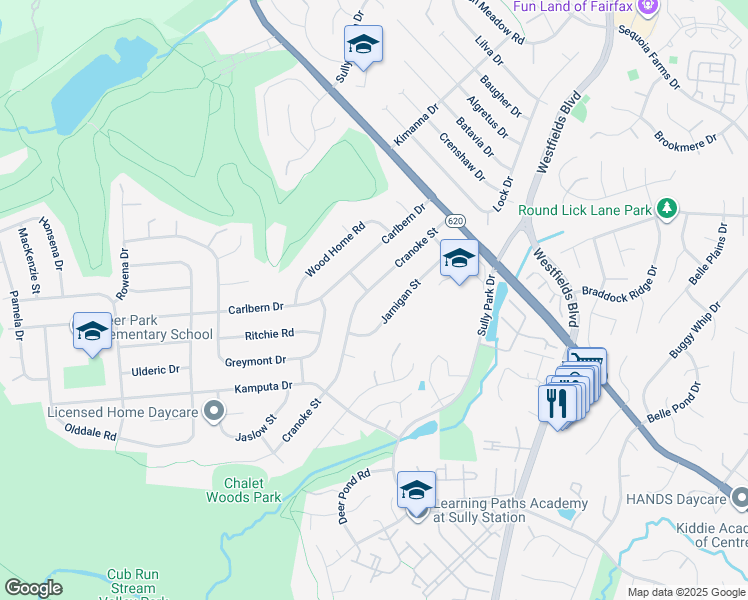 map of restaurants, bars, coffee shops, grocery stores, and more near 14729 Cranoke Street in Centreville
