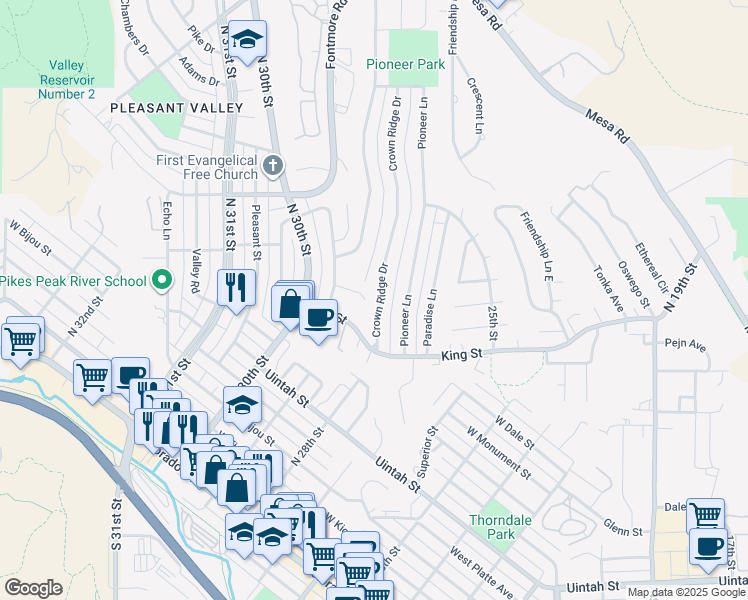 map of restaurants, bars, coffee shops, grocery stores, and more near 632 Crown Ridge Drive in Colorado Springs