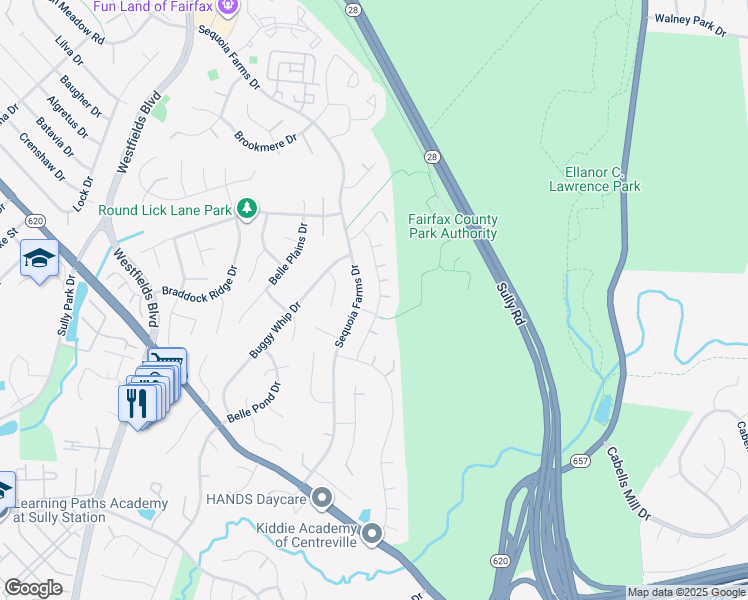 map of restaurants, bars, coffee shops, grocery stores, and more near 5422 Gladewright Drive in Centreville