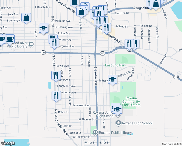 map of restaurants, bars, coffee shops, grocery stores, and more near 234 South Central Avenue in Wood River