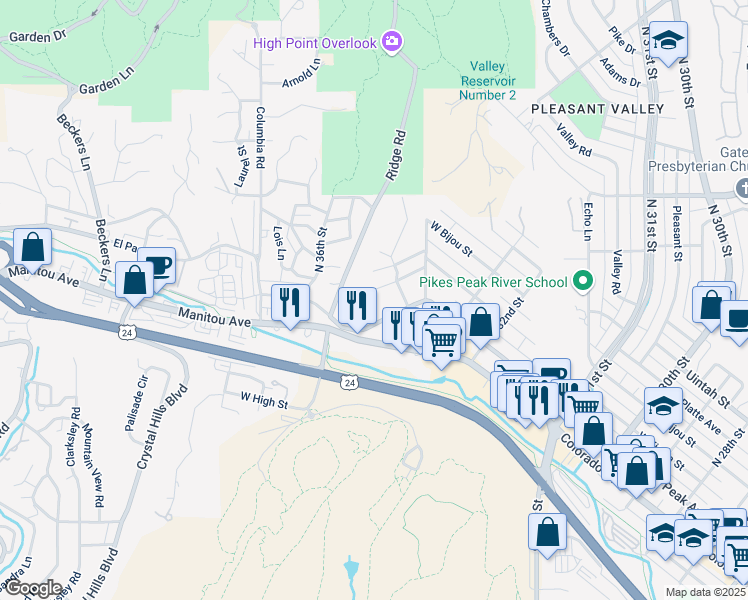 map of restaurants, bars, coffee shops, grocery stores, and more near 3421 West Kiowa Street in Colorado Springs