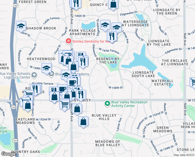 map of restaurants, bars, coffee shops, grocery stores, and more near 14918 Riggs Street in Overland Park
