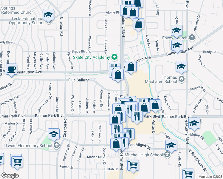 map of restaurants, bars, coffee shops, grocery stores, and more near 3740 East La Salle Street in Colorado Springs