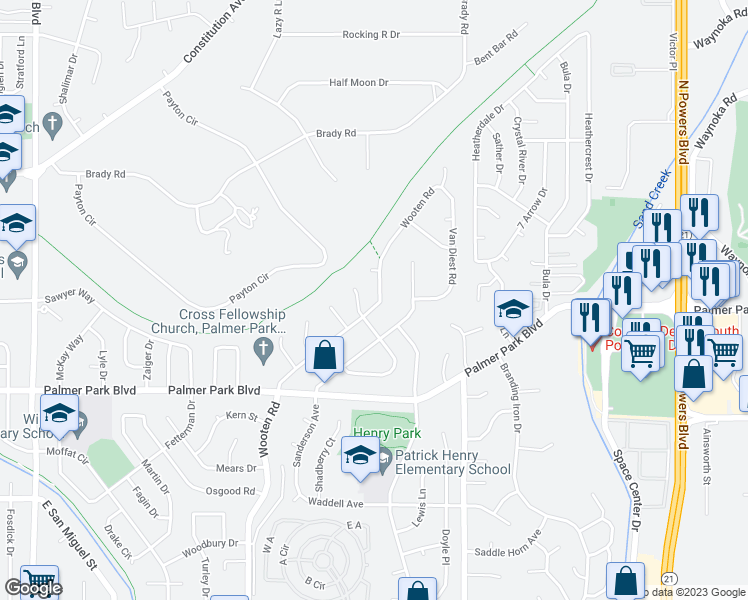 map of restaurants, bars, coffee shops, grocery stores, and more near 1716 Wooten Road in Colorado Springs