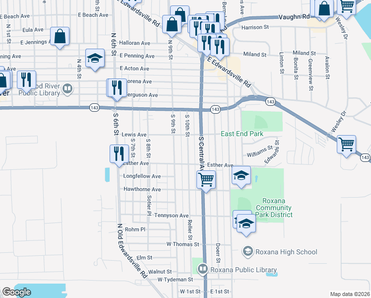 map of restaurants, bars, coffee shops, grocery stores, and more near 236 South 10th Street in Wood River