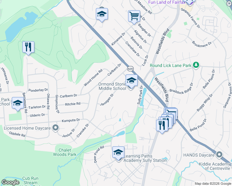 map of restaurants, bars, coffee shops, grocery stores, and more near 14717 Jarnigan Street in Centreville