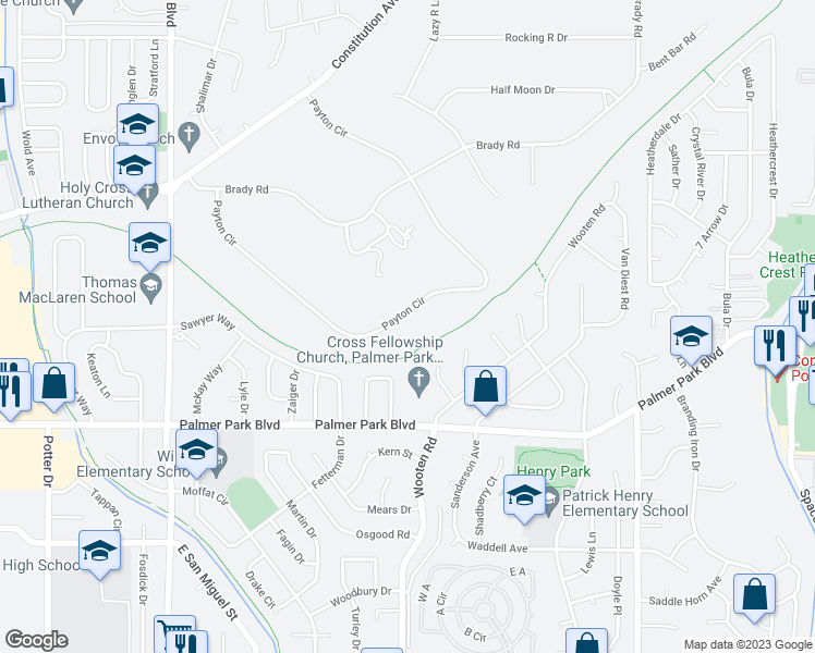 map of restaurants, bars, coffee shops, grocery stores, and more near 1925 Payton Circle in Colorado Springs