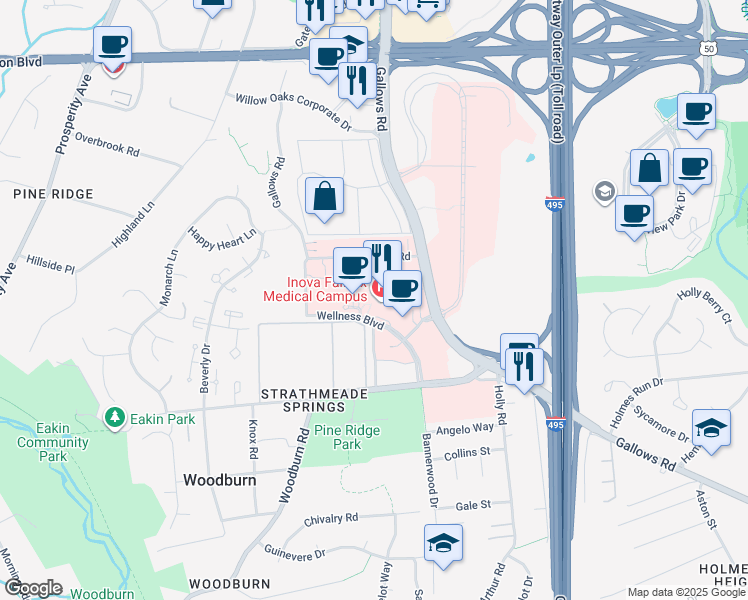 map of restaurants, bars, coffee shops, grocery stores, and more near 3300 Gallows Road in Annandale
