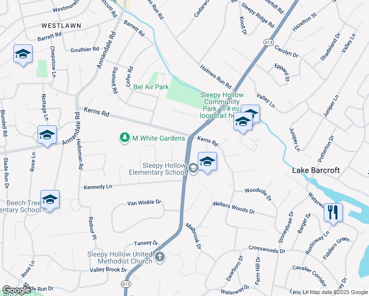 map of restaurants, bars, coffee shops, grocery stores, and more near 3308 Sleepy Hollow Road in Falls Church