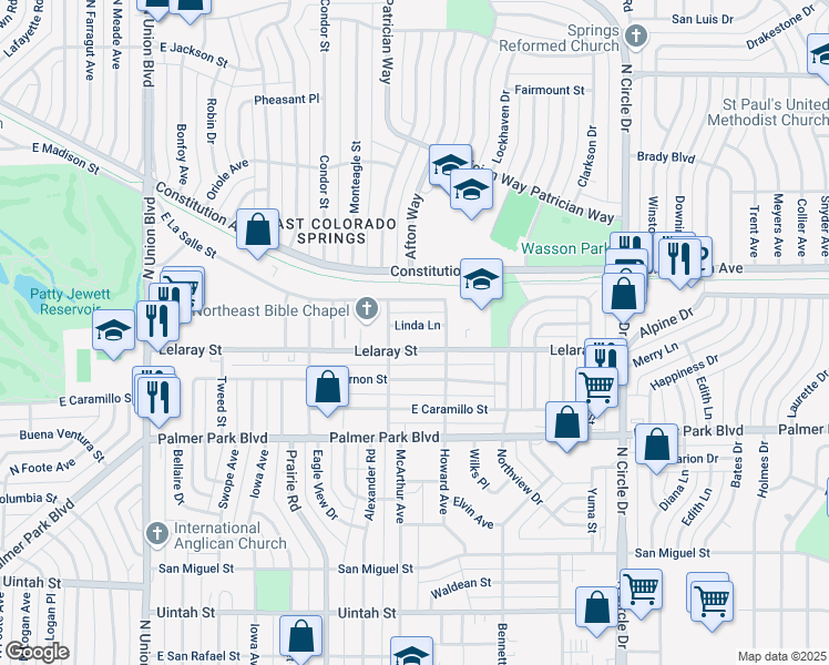 map of restaurants, bars, coffee shops, grocery stores, and more near 2513 Linda Lane in Colorado Springs